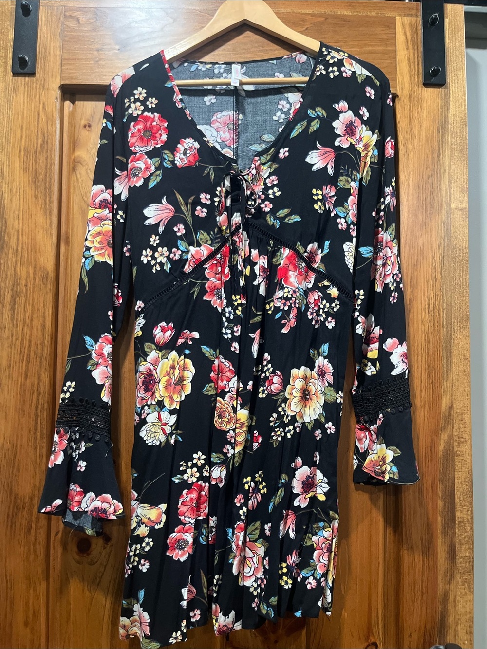 Xhilaration Black Floral Mini Dress with Pink, Yellow & Green Accents